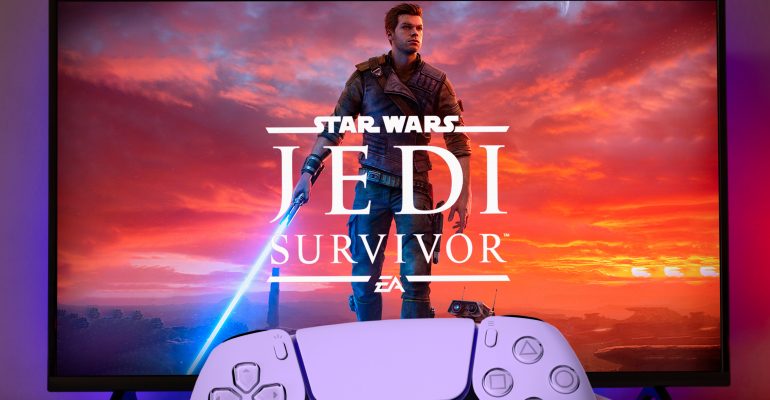 Star Wars Jedi Survivor Voice Actors - a photo of a video player with the Star Wars movie logo